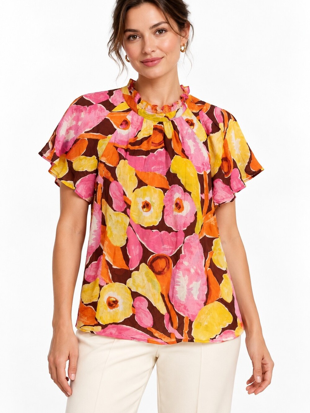 Banjanan Floral Cotton Flutter Sleeve Blouse M Ruffle Neck Colorful Boho